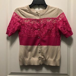 New York Company NYCO Cream Pink Lace Short Sleeve Cardigan XS